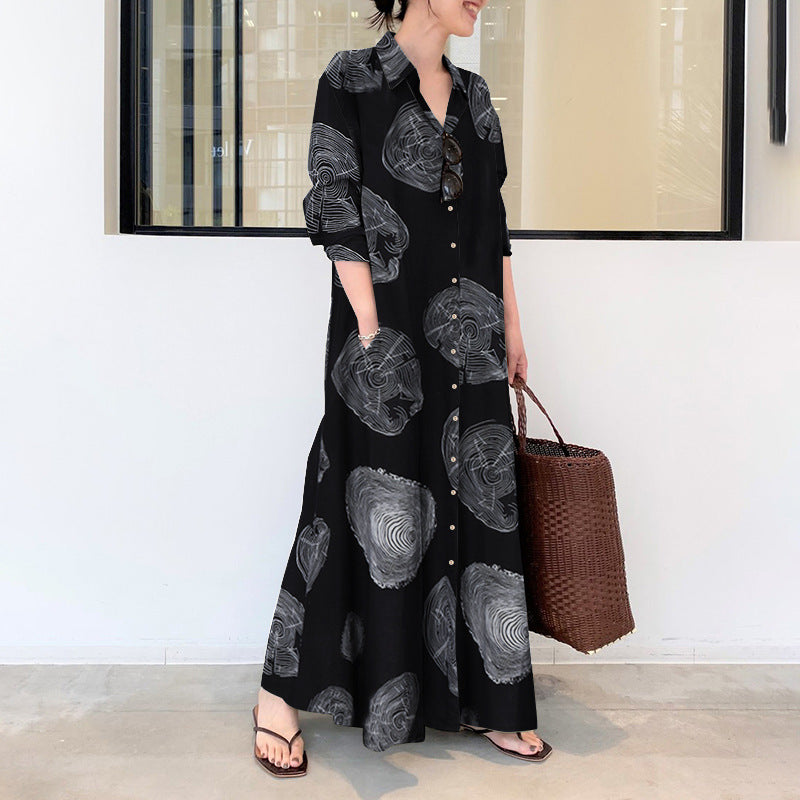 Women's Large Muslim Cotton Linen Printed Long Sleeve Simple Dresses