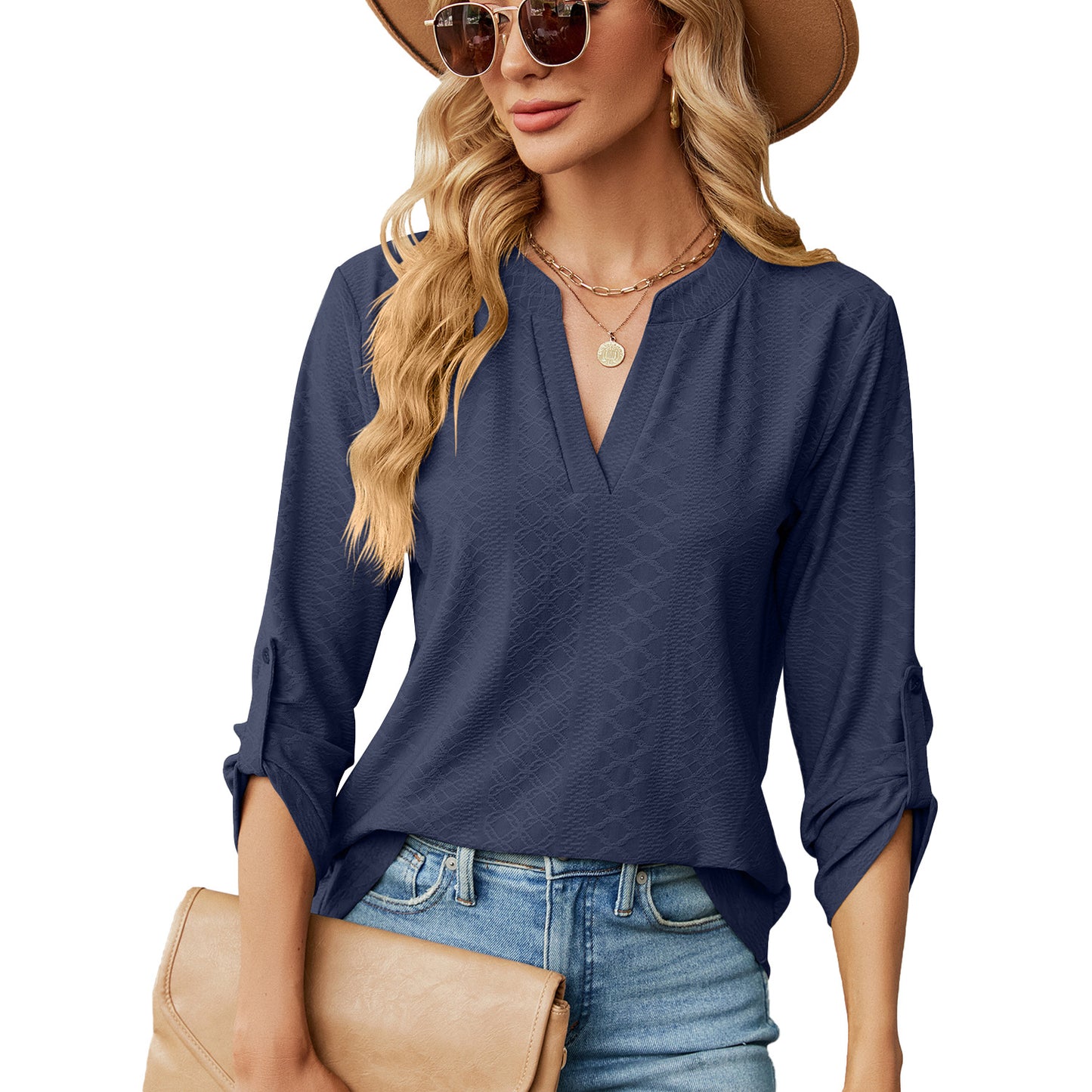 Women's Solid Color Three-quarter Sleeve Button Loose-fitting Tops