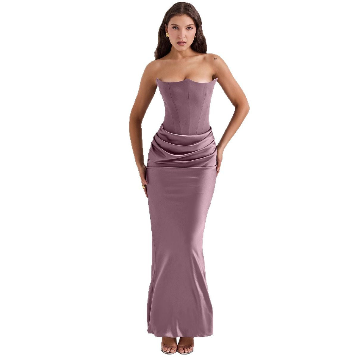 Women's Red Tube Fishbone Sexy Slim Fishtail Dress Long Tops