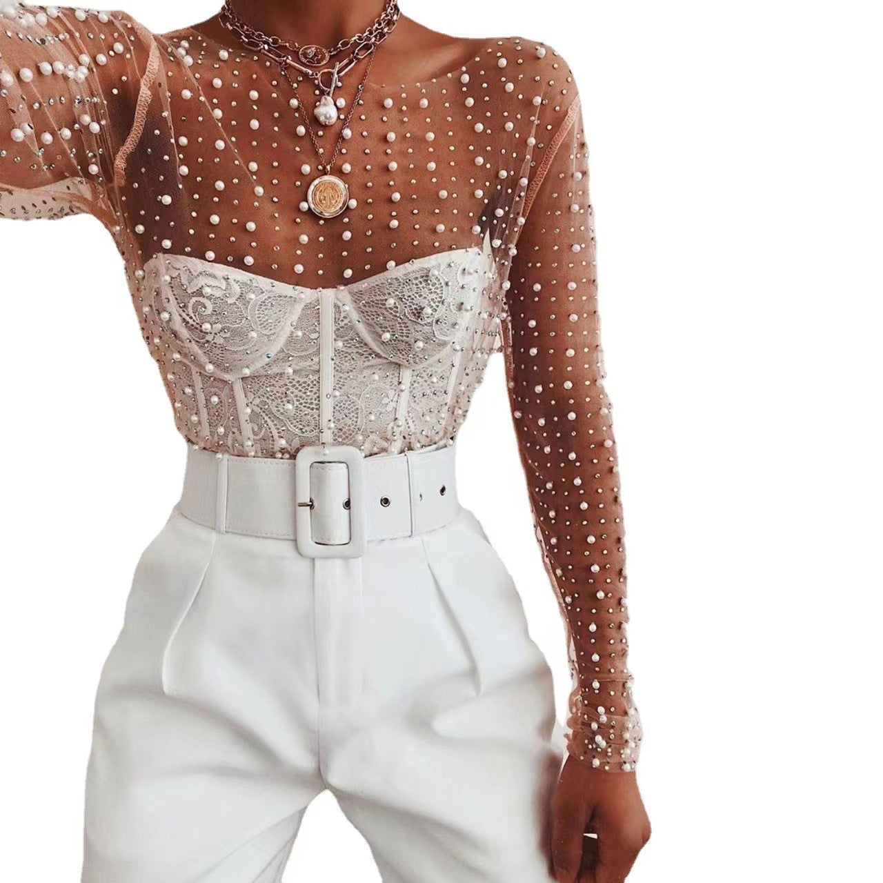 Pearl Stretch Crew Neck Mesh Slimming Tops