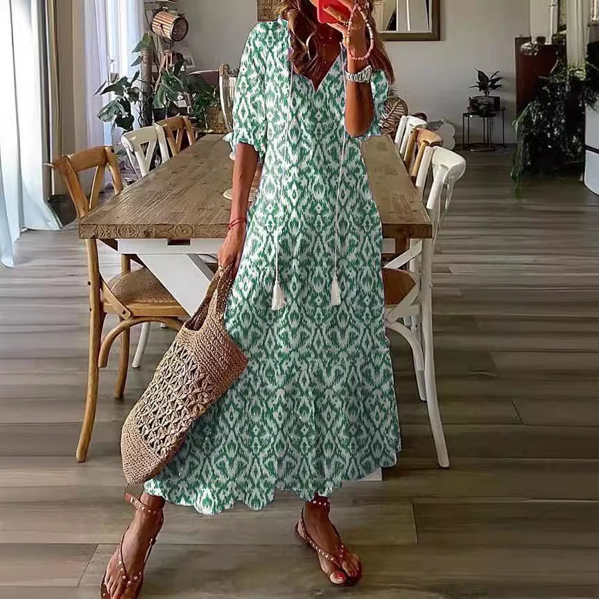 Women's Casual Sweet Loose Printed Tassel Long Dresses