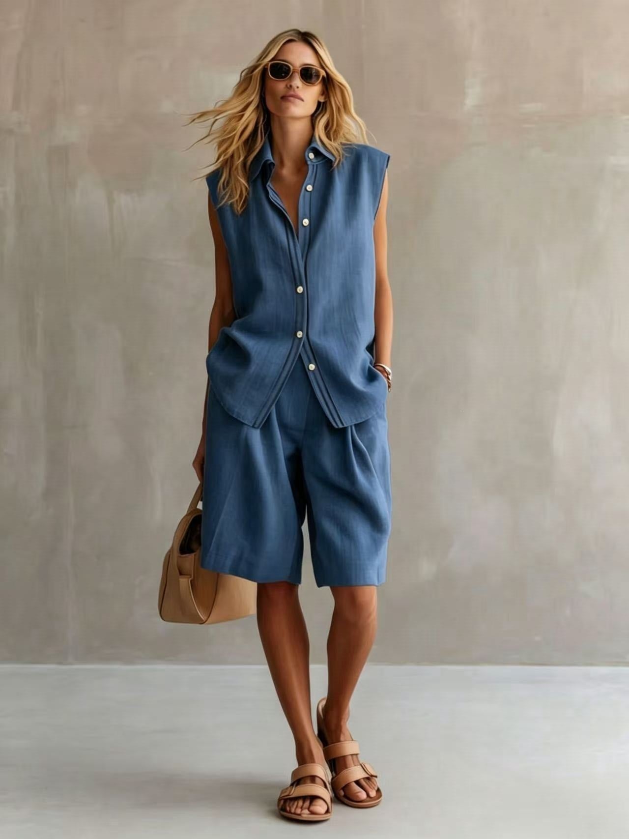 Women's Summer Wear Single-breasted Sleeveless Linen Bushing Fashion Casual Suit
