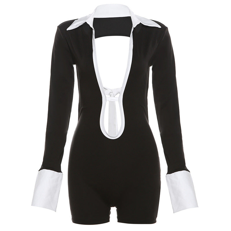 Women's Fashion Polo Collar Sexy Backless Contrast Color Suits