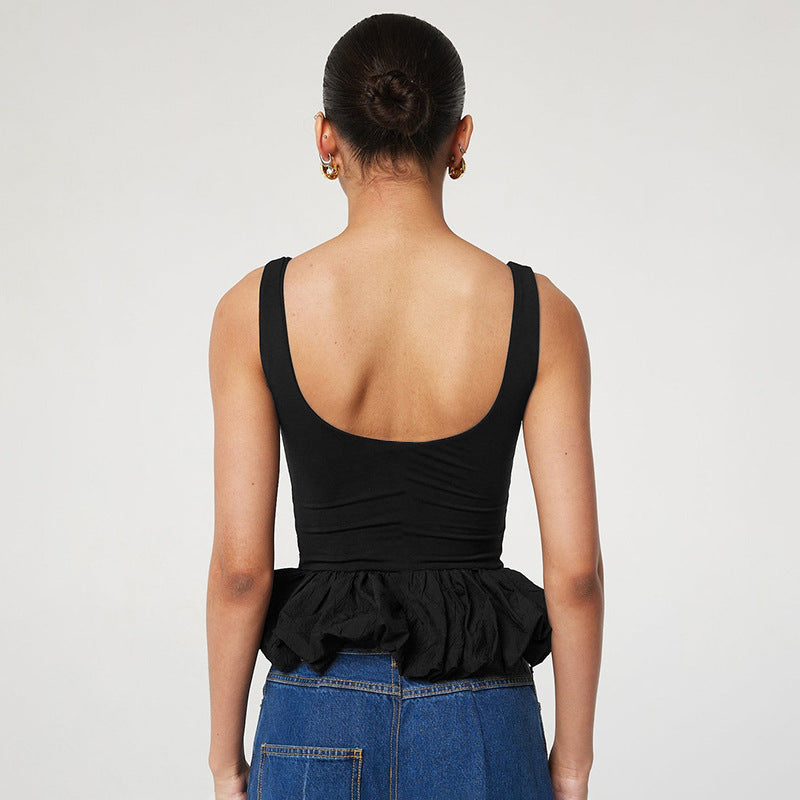 Women's Color Sleeveless Backless Square Collar Bubble Sexy Vests