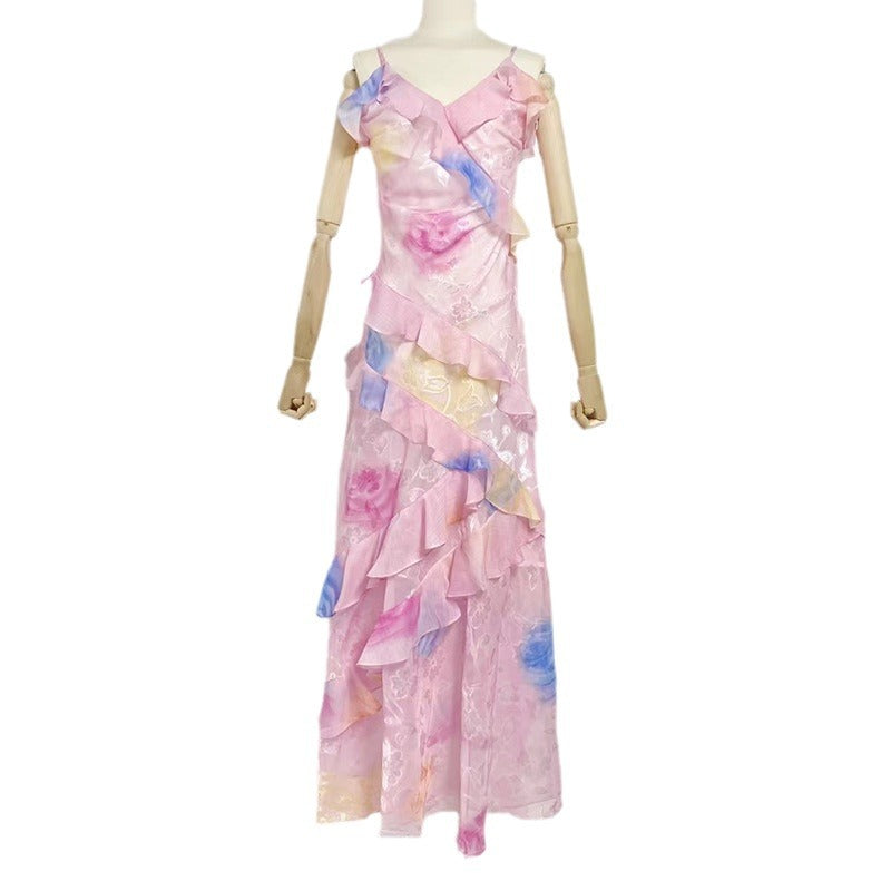 Women's Elegant Tea Break Summer Floral Print Backless Slim Fit Ruffled Dress