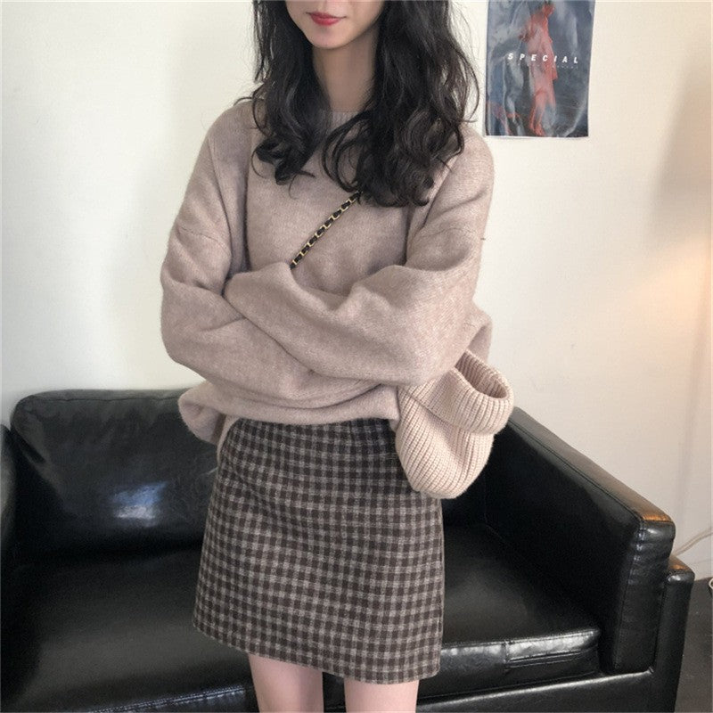 Women's Solid Color Casual Round Neck Pullover Outer Wear Korean Style Sweater