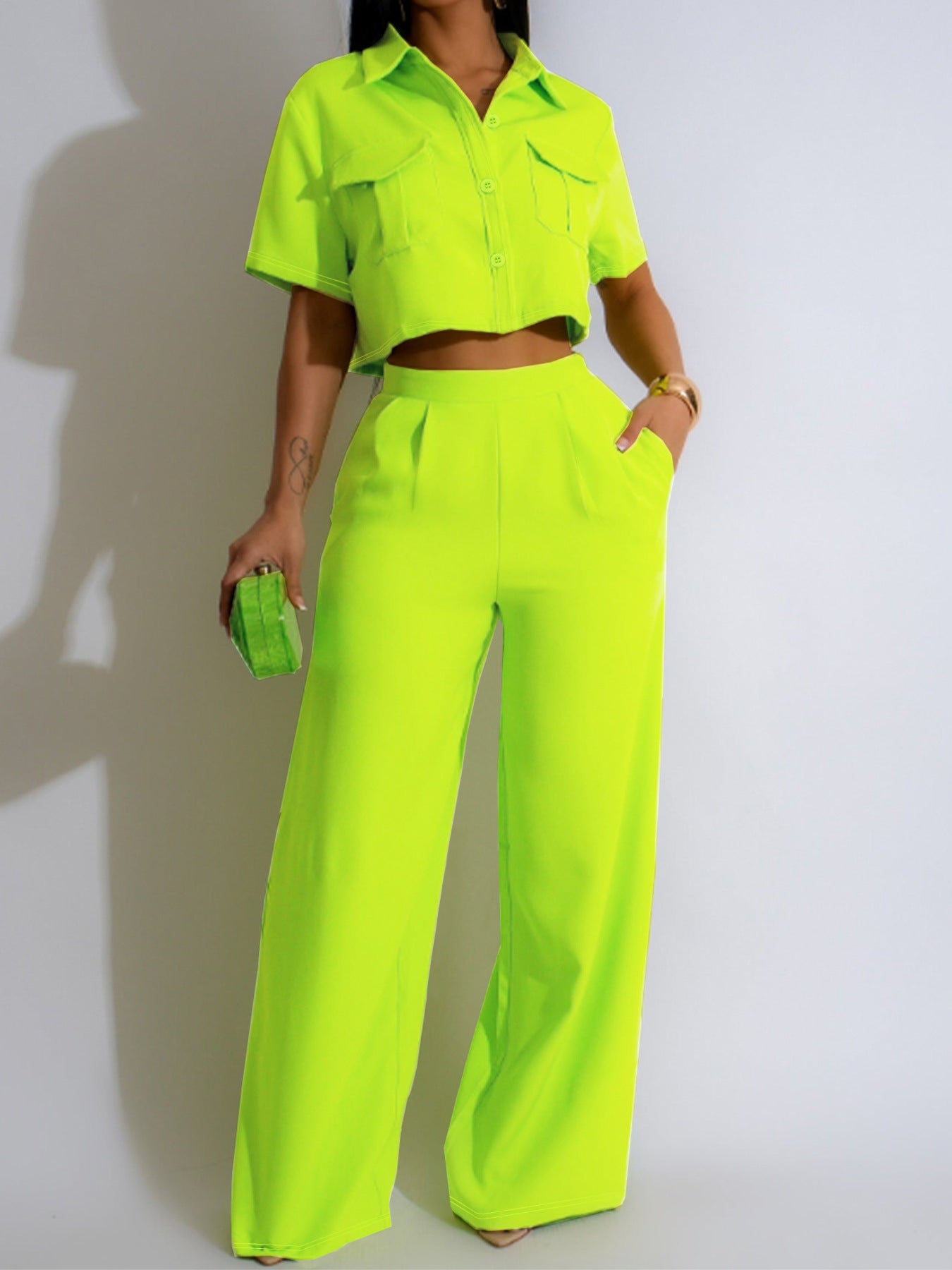 Women's Fashion Polo Collar Sleeve High Waist Suits
