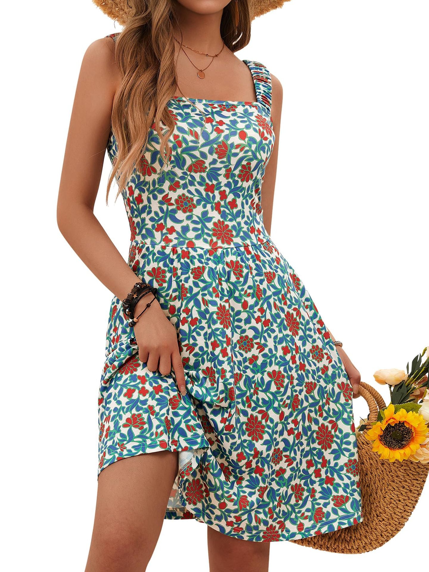 Women's Square Collar Pleated Sleeveless Floral Print Dresses