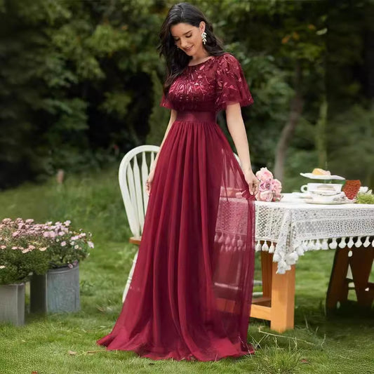 Women's Quality Elastic Waist Patchwork Round Neck Evening Dresses