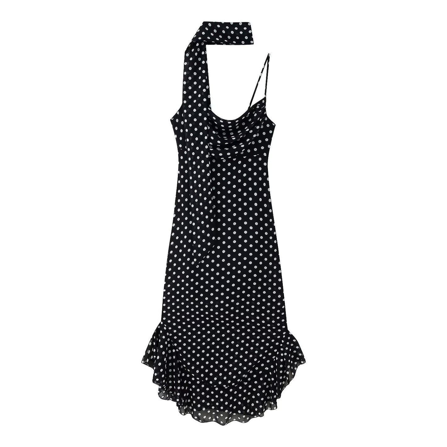 Women's Retro Dots Printed Scarf Ruffled Spaghetti Dresses