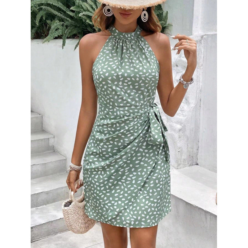 Women's Summer Fashion Halter Zipper Sleeveless Floral Dress