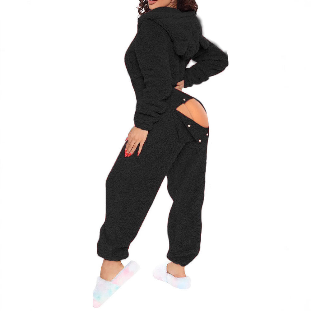 Women's One-piece Sexy Opening Long-sleeved Hooded Cute Jumpsuits
