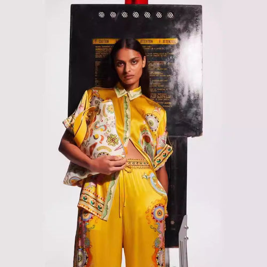 Satin Printed Flowers Sleeve Vacation Leisure Suits