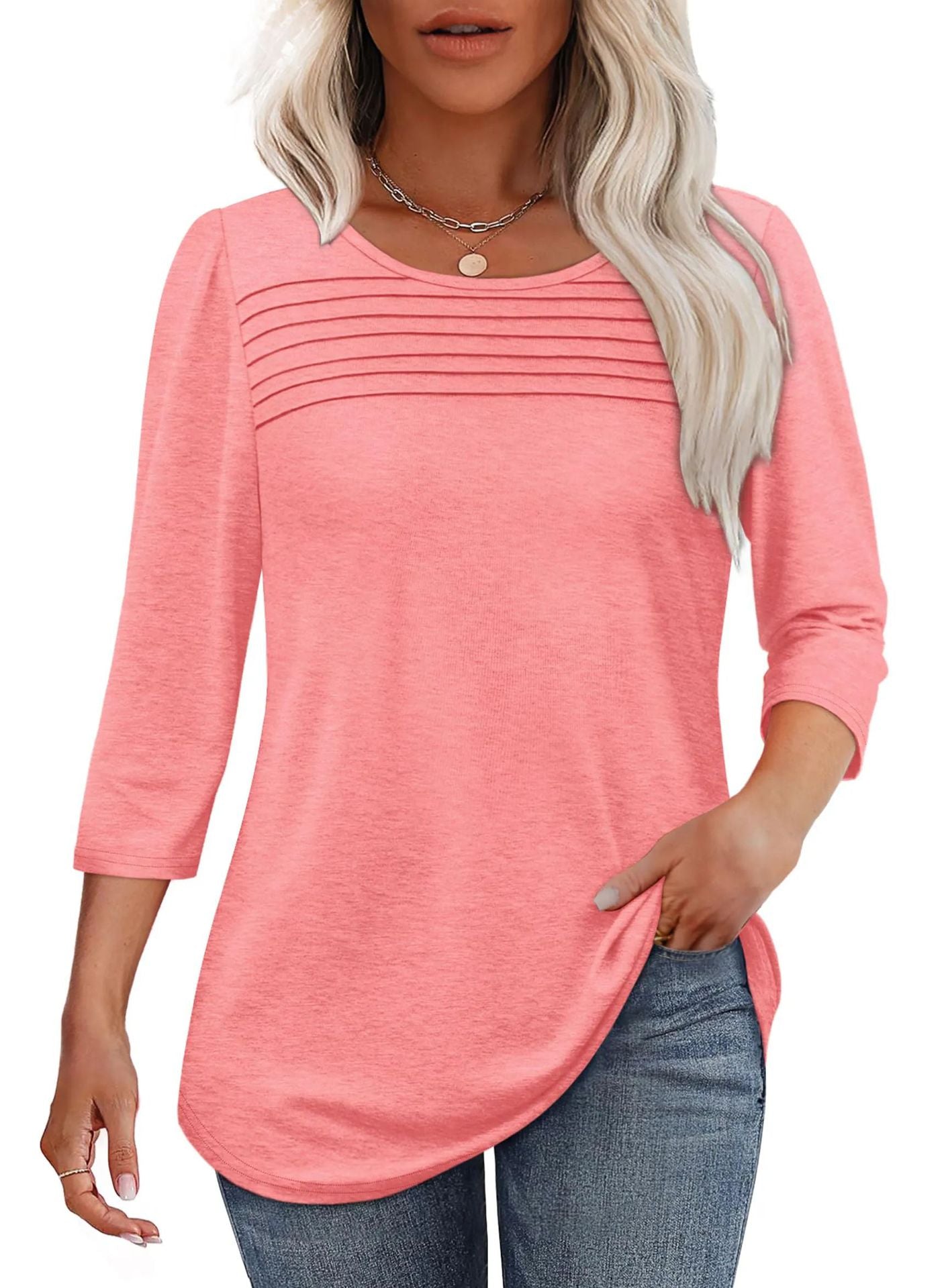 Women's Round Neck Sleeves Chest Tuck Line Blouses