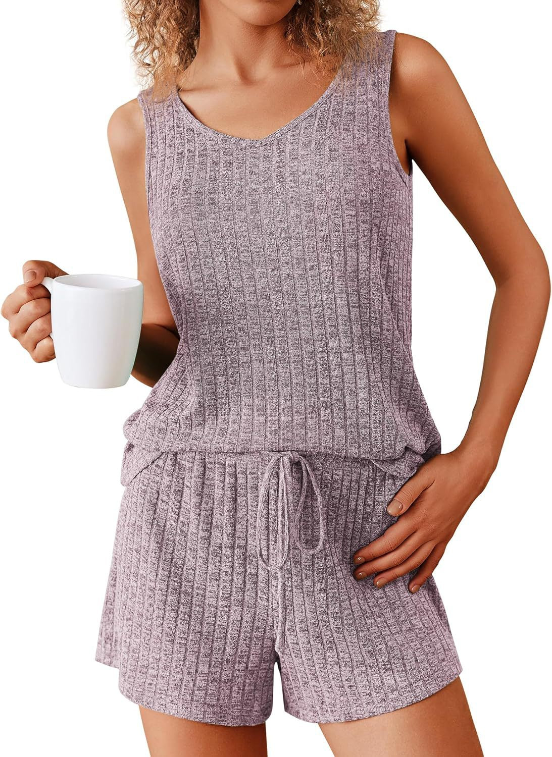 Women's Sleeveless Pajamas Rib Knitted Summer Suits