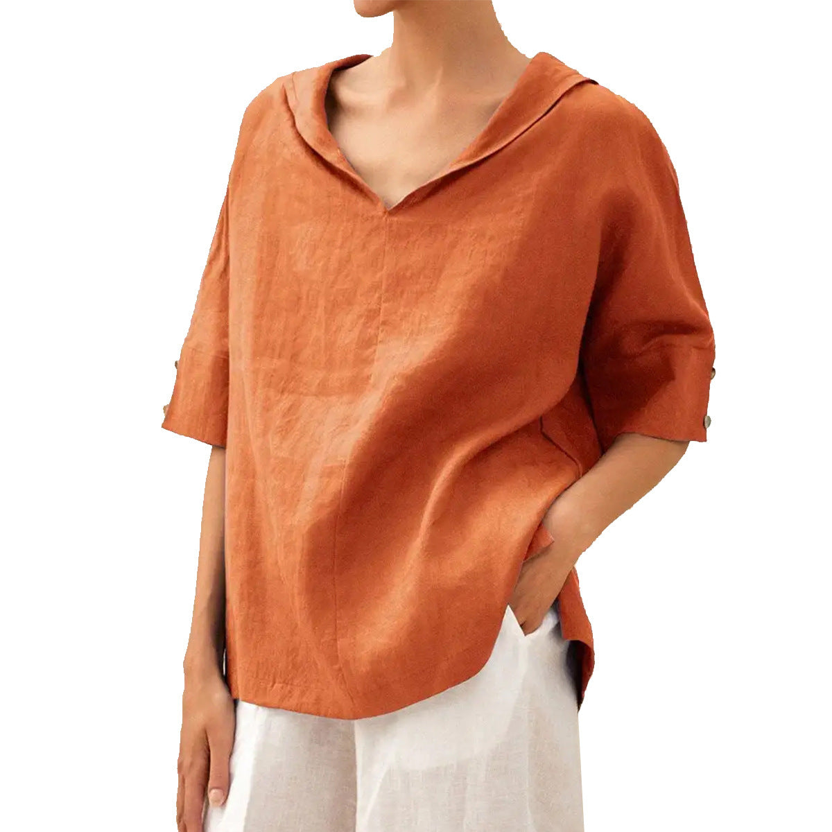 Women's Solid Color Cotton Linen Hoodie T-shirt Blouses