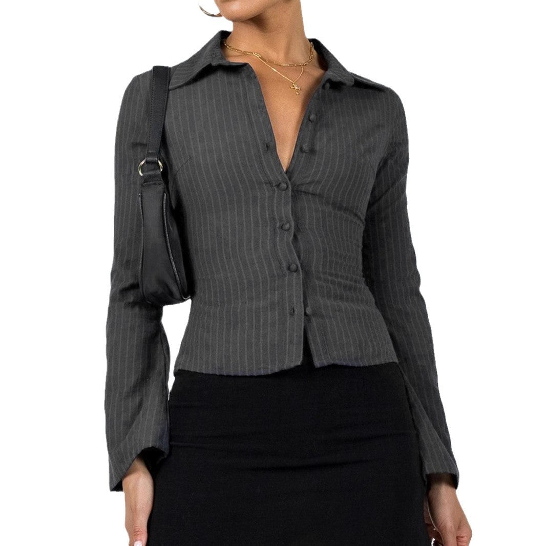 Lapel Breasted Long-sleeved Shirt Slim Striped Blouses