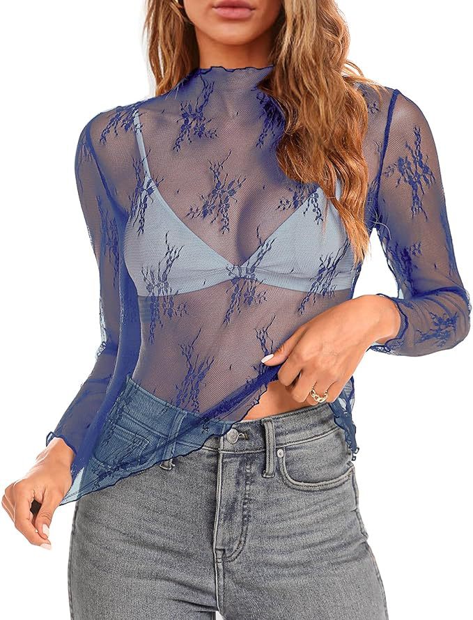 Women's Spring Mesh Long Sleeve Floral Embroidery Blouses