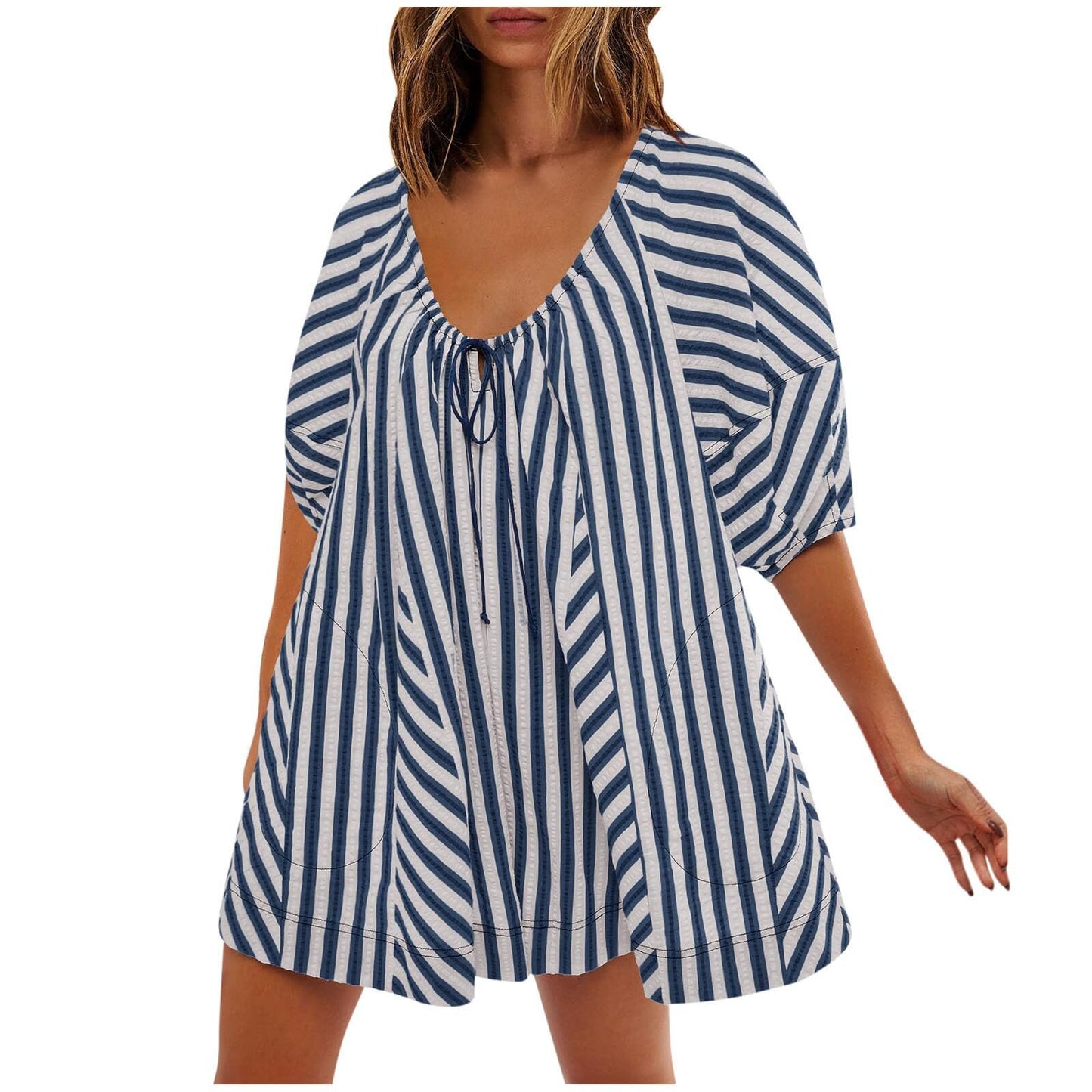 Women's Summer Short-sleeved Striped Shirt Slimming Casual Jumpsuits