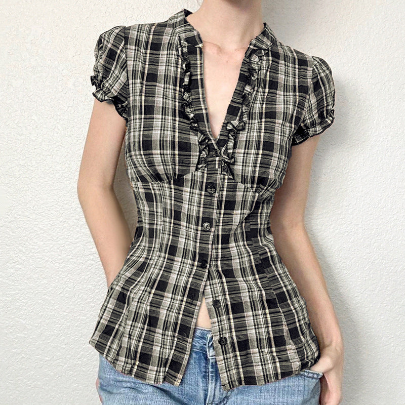 Women's Organ Pleated Solid Color Collar Short-sleeved Blouses