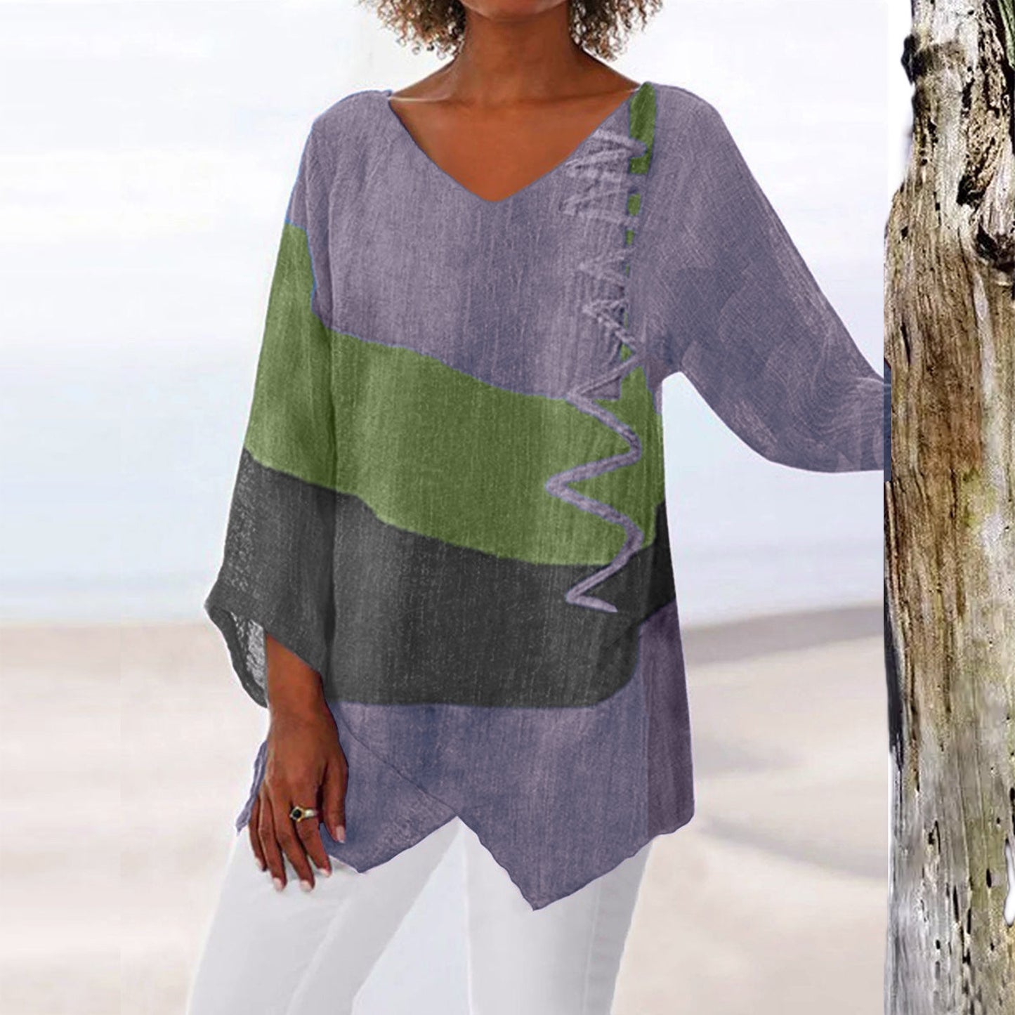 Women's Autumn Casual Loose Irregular Hem Art Print Long Blouses
