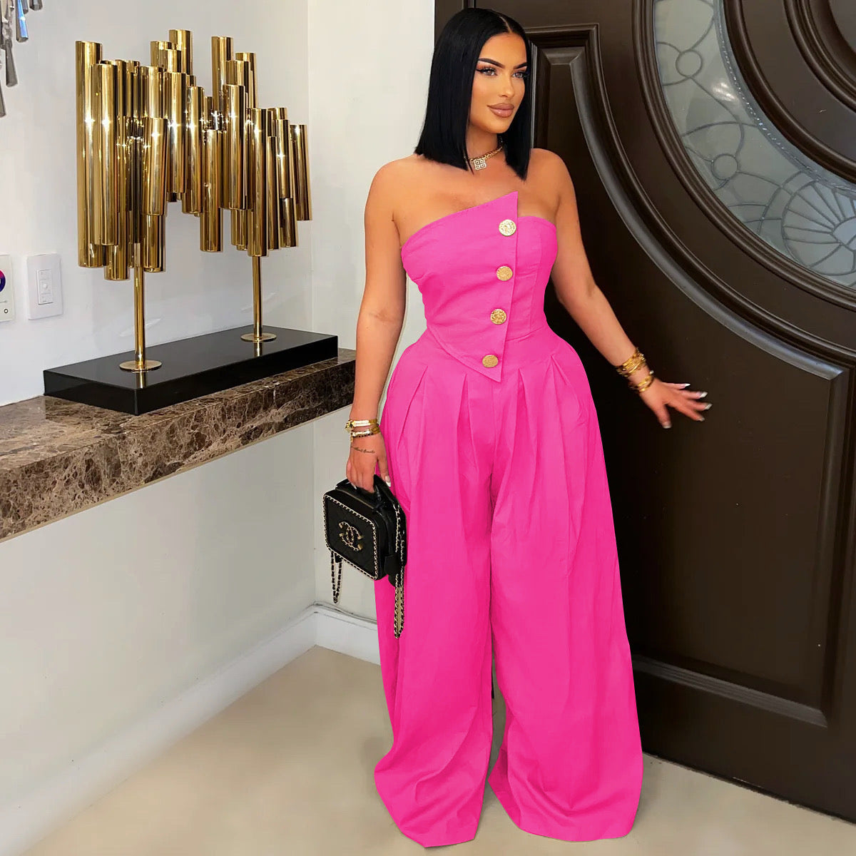 Women's Wear Sexy Tube Sleeveless Metal Button Jumpsuits