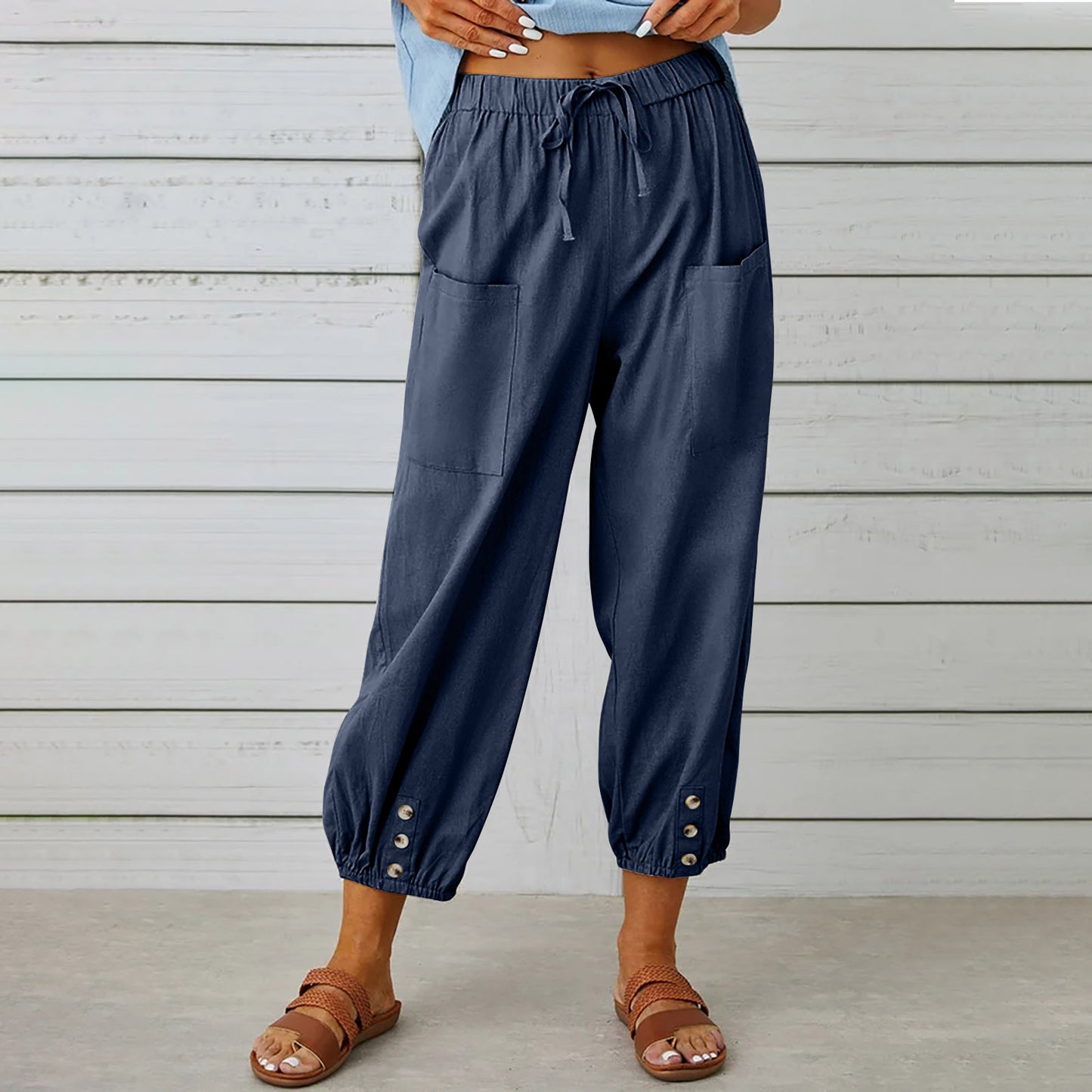 Women's High Waist Button Cotton Linen Trousers Pants