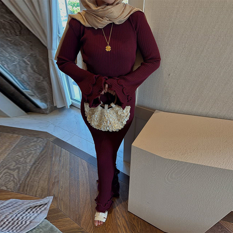 Women's Color Round Neck Long Sleeve Slim Fit Stringy Dresses