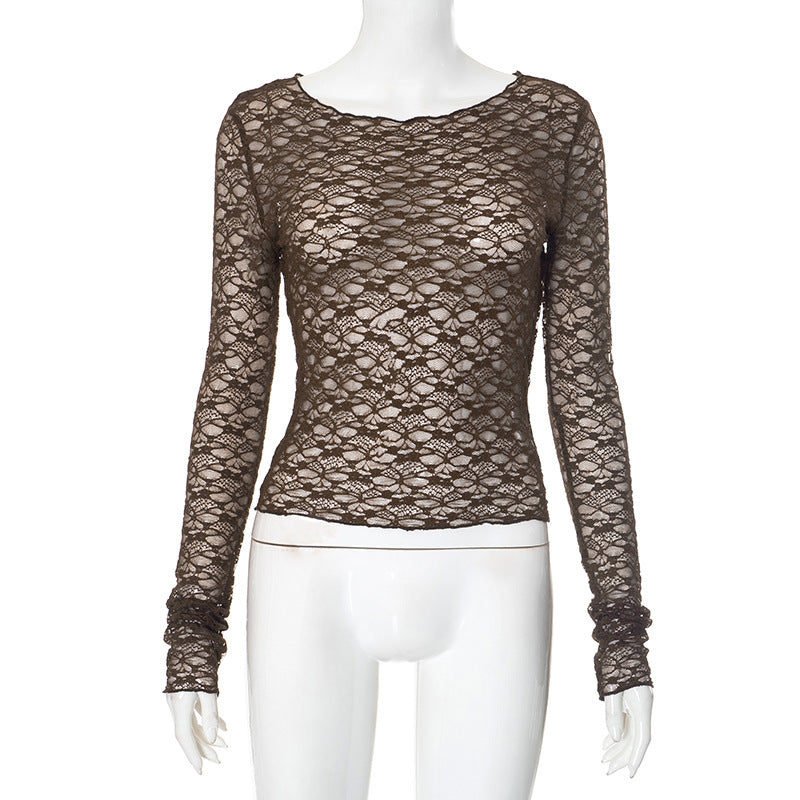 Women's Autumn Solid Color Round Neck Simple Sexy Lace Blouses