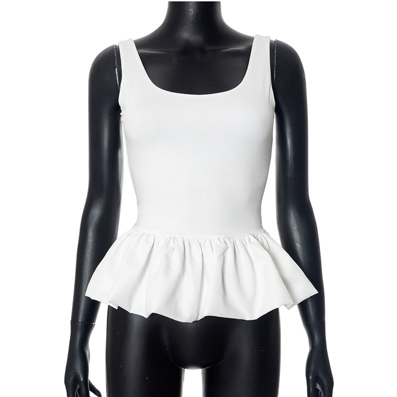 Women's Color Sleeveless Backless Square Collar Bubble Sexy Vests