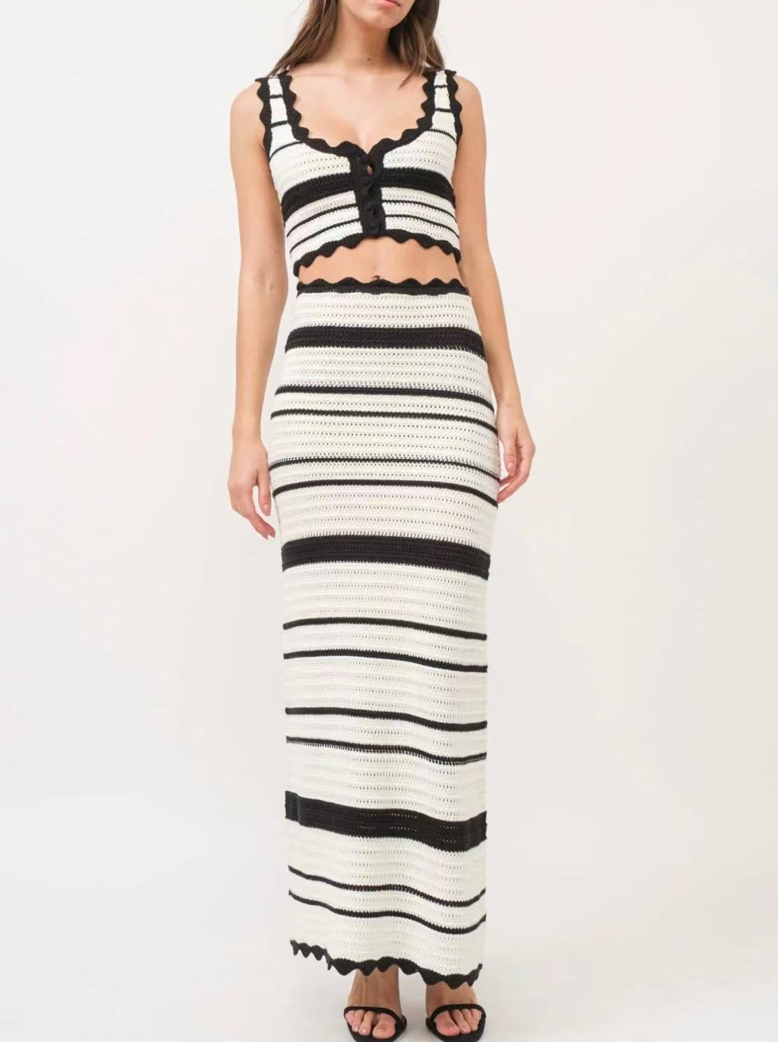 Women's Striped Knitted High Waist Contrast Two-piece Suits