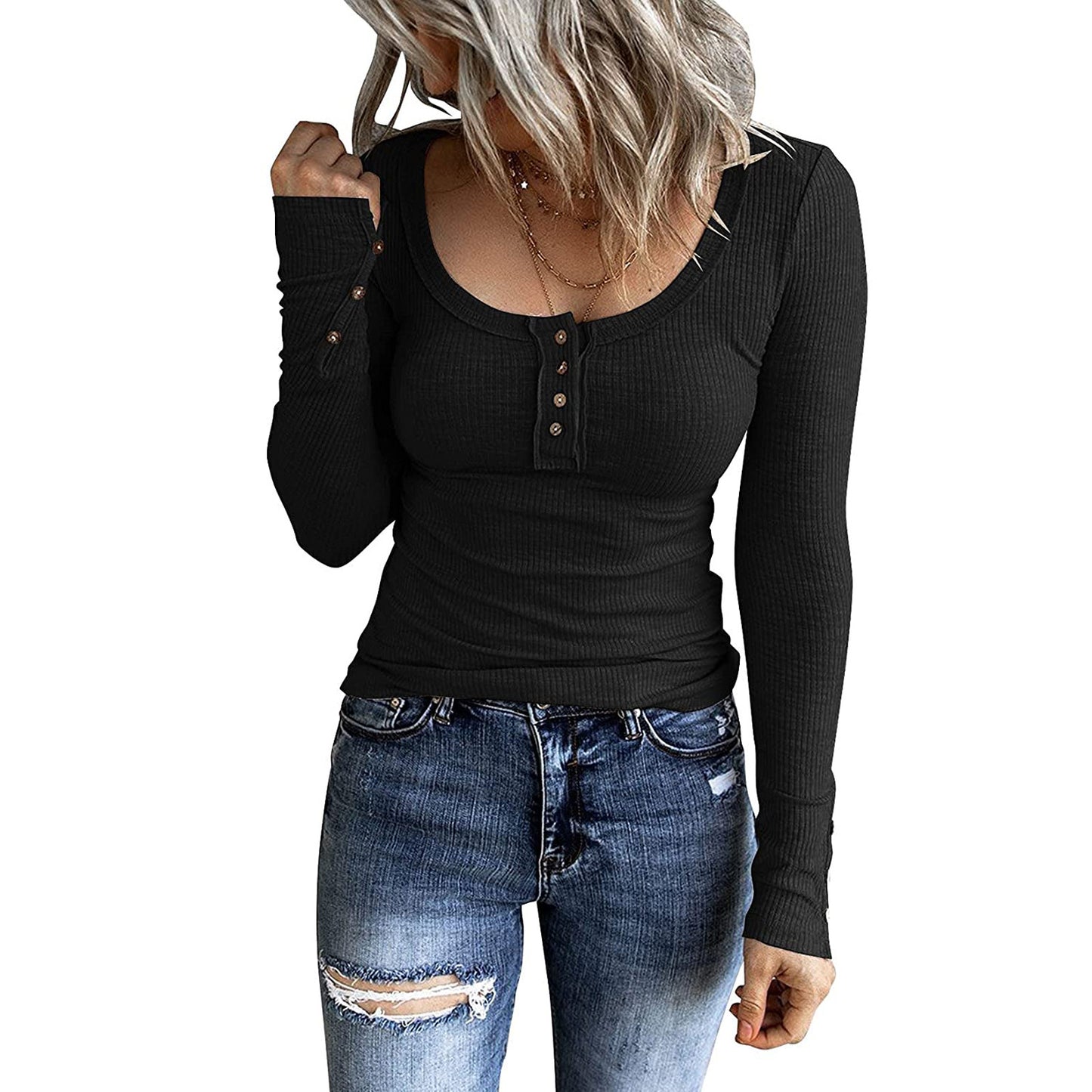 Women's Autumn Button Color Long Sleeve T-shirt Blouses