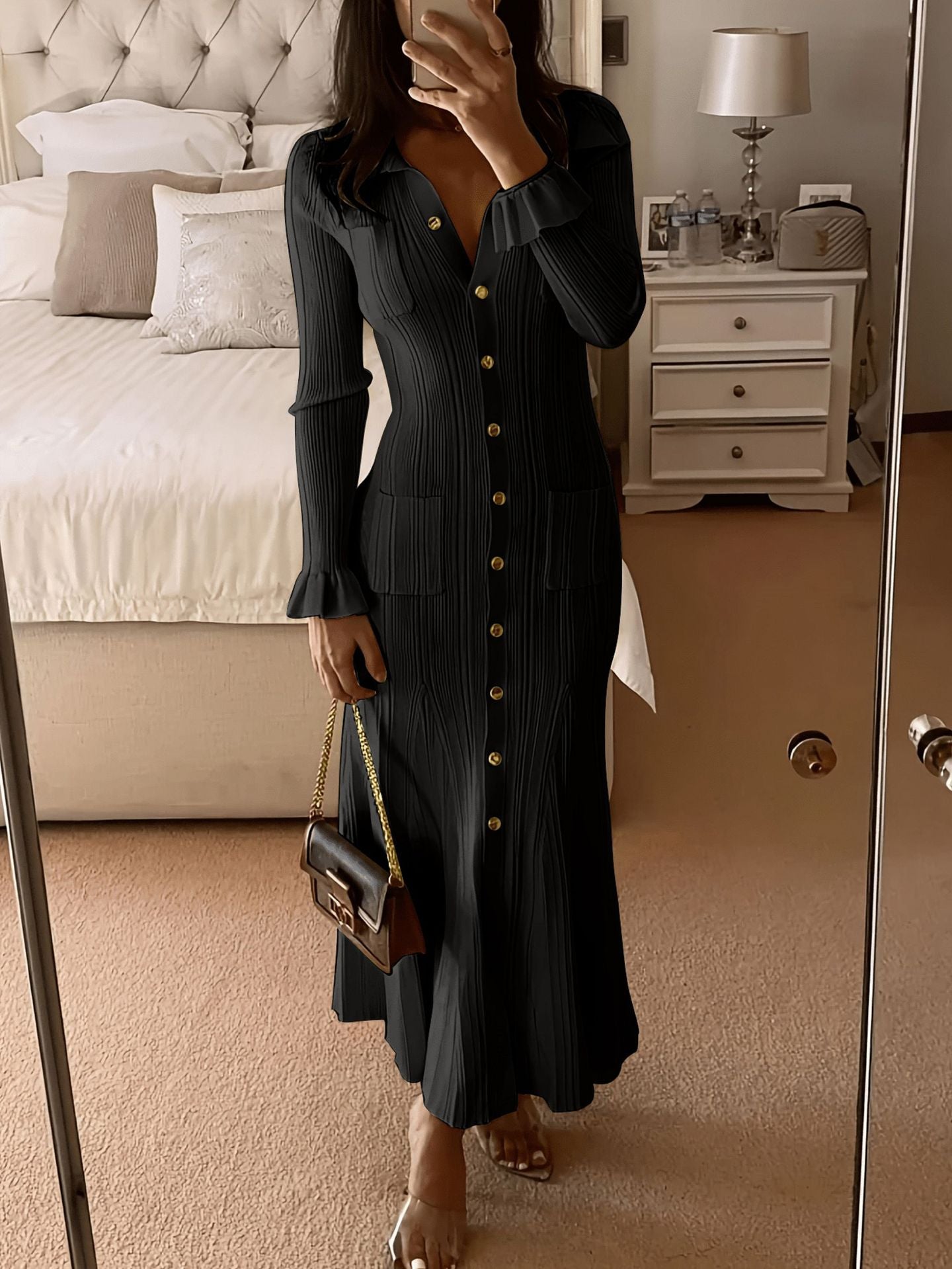 Women's French Lapel Solid Color Elegant Knitted Dress