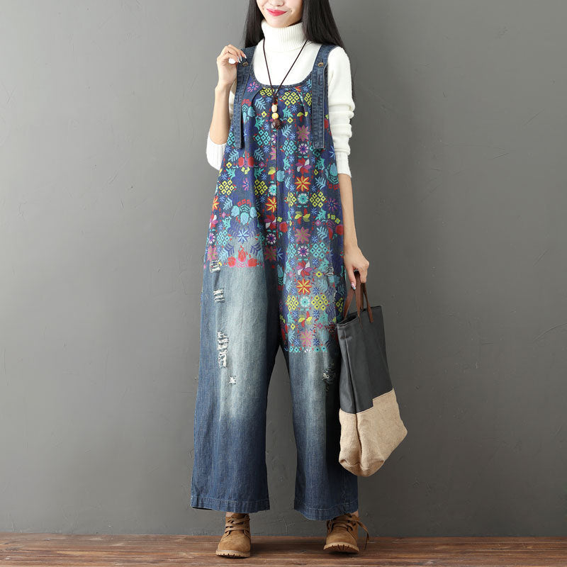 Women's Printed Brushed White Ripped Suspender Female Jeans
