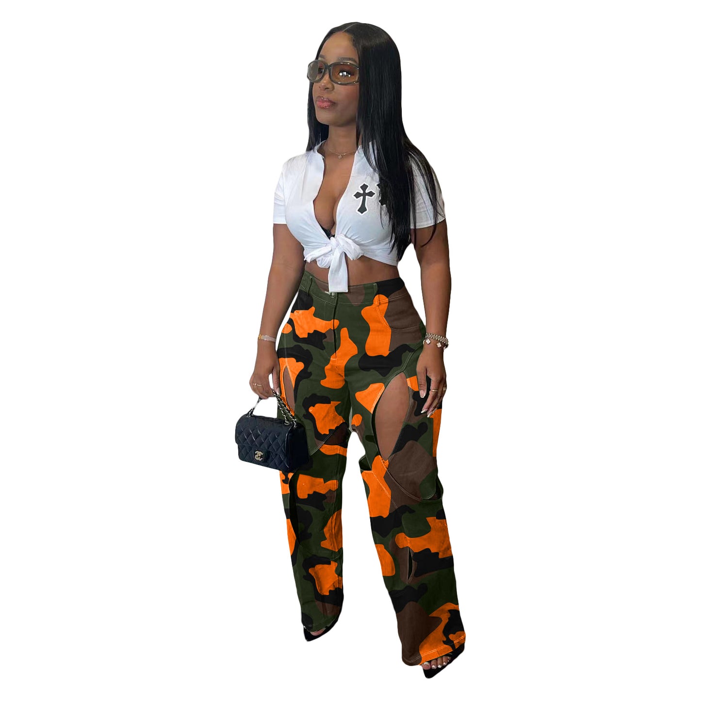 Fashion Digital Hd Printing Hole Cross Pants