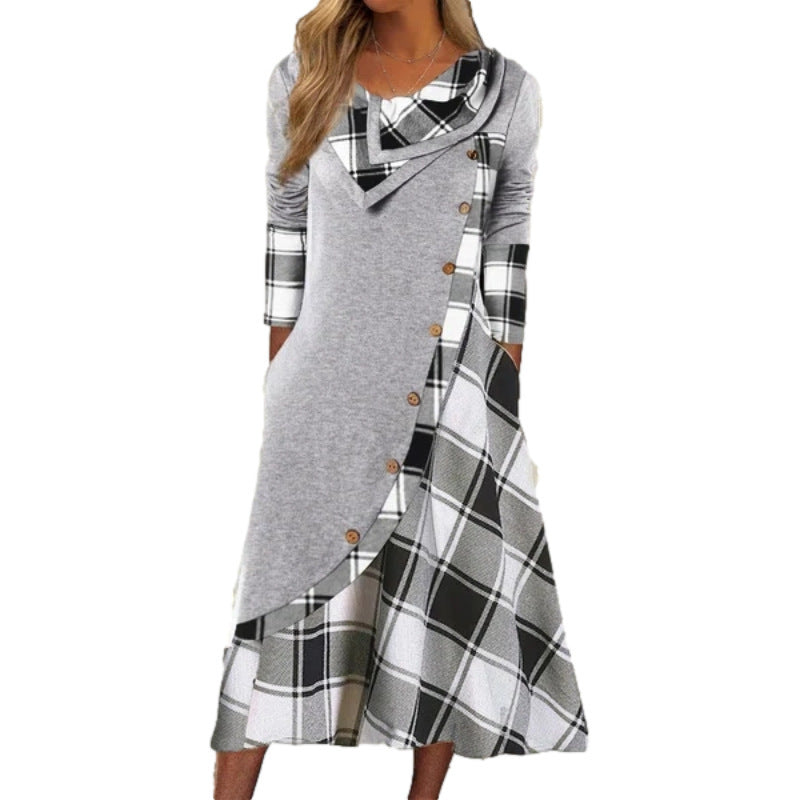 Women's Plaid Stitching With Pocket Pile Collar Dresses