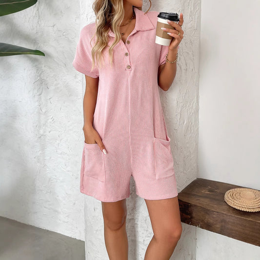 Summer Lapel Button Loose Pockets Short-sleeved Jumpsuits
