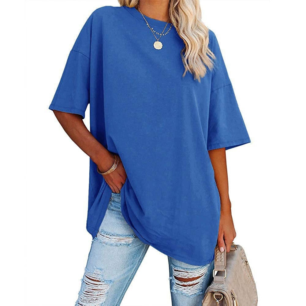 Women's Color Loose Half Sleeve Round Neck Blouses