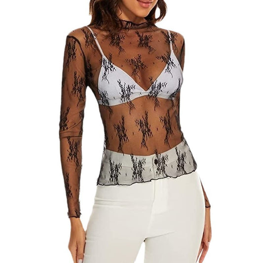 Women's Spring Mesh Long Sleeve Floral Embroidery Blouses