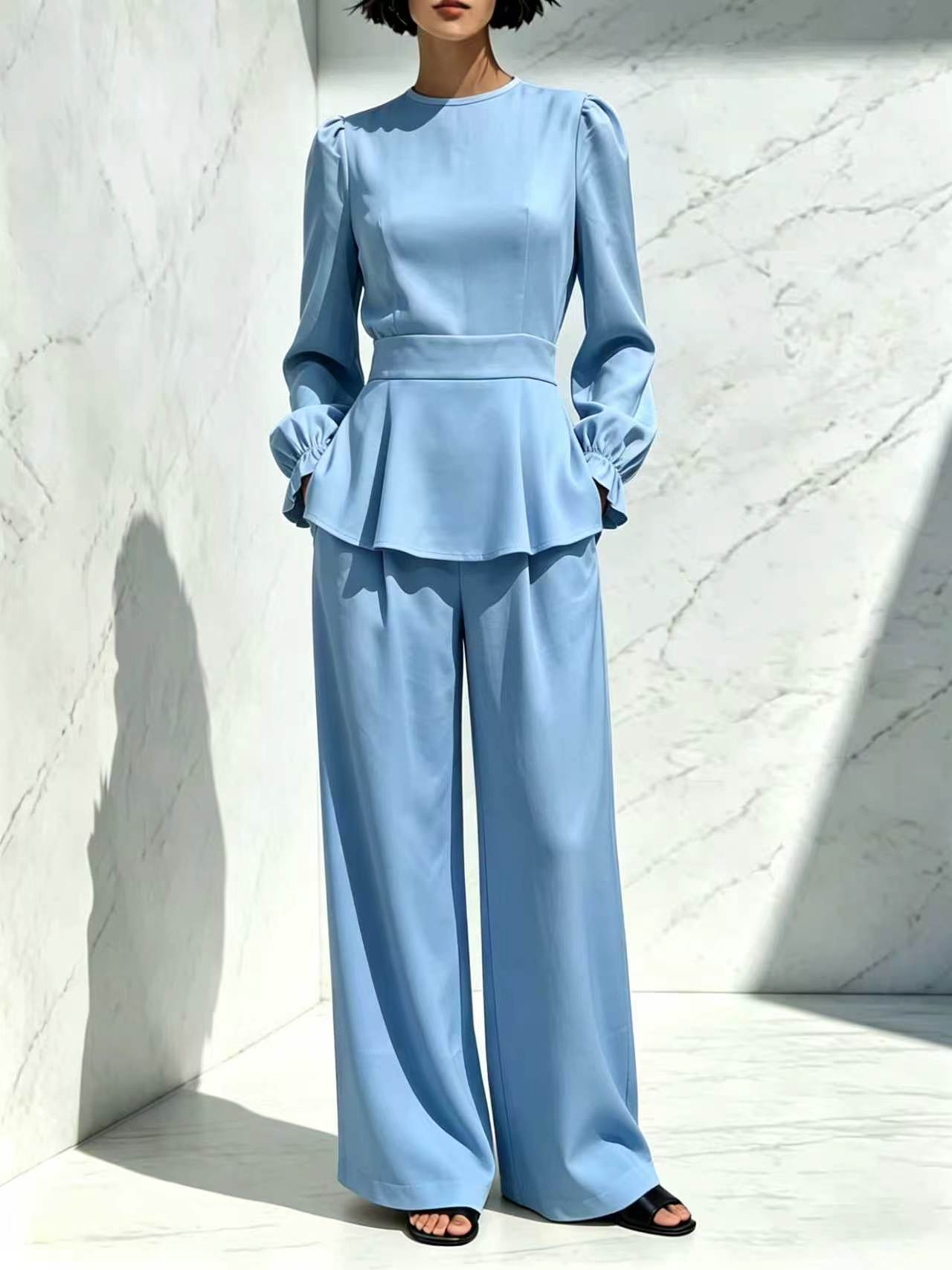 Long Sleeve Trousers Puff Design Elastic Fashion Casual Suit