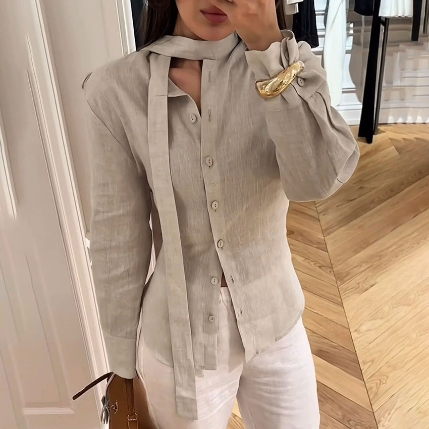 Women's Linen Ribbon Shirt Design Sense Graceful Fashionable Blouses