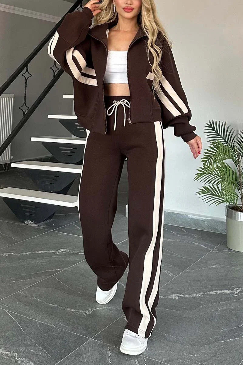 Women's Autumn Striped Zipper Leisure Sports For Suits