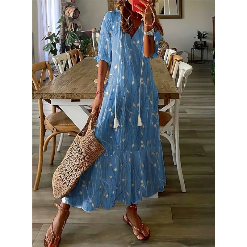 Casual Sweet Loose Printed Tassel Long Dresses