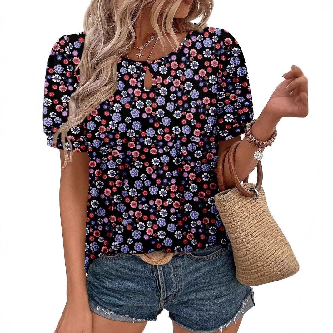 Women's Floral Print Round Neck Ripped Leisure Blouses