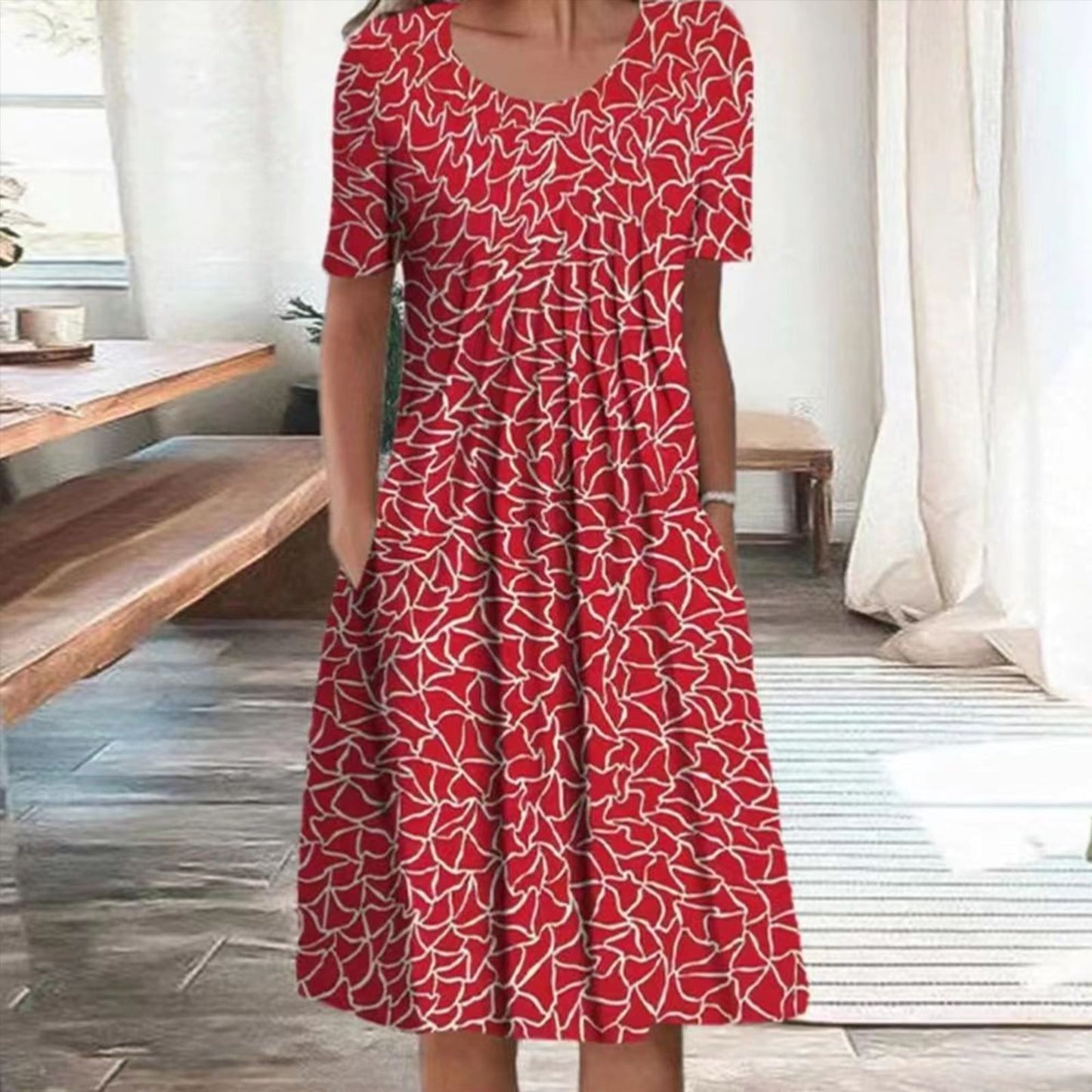 Women's Fashion Print Round Neck Sleeve Dress Dresses