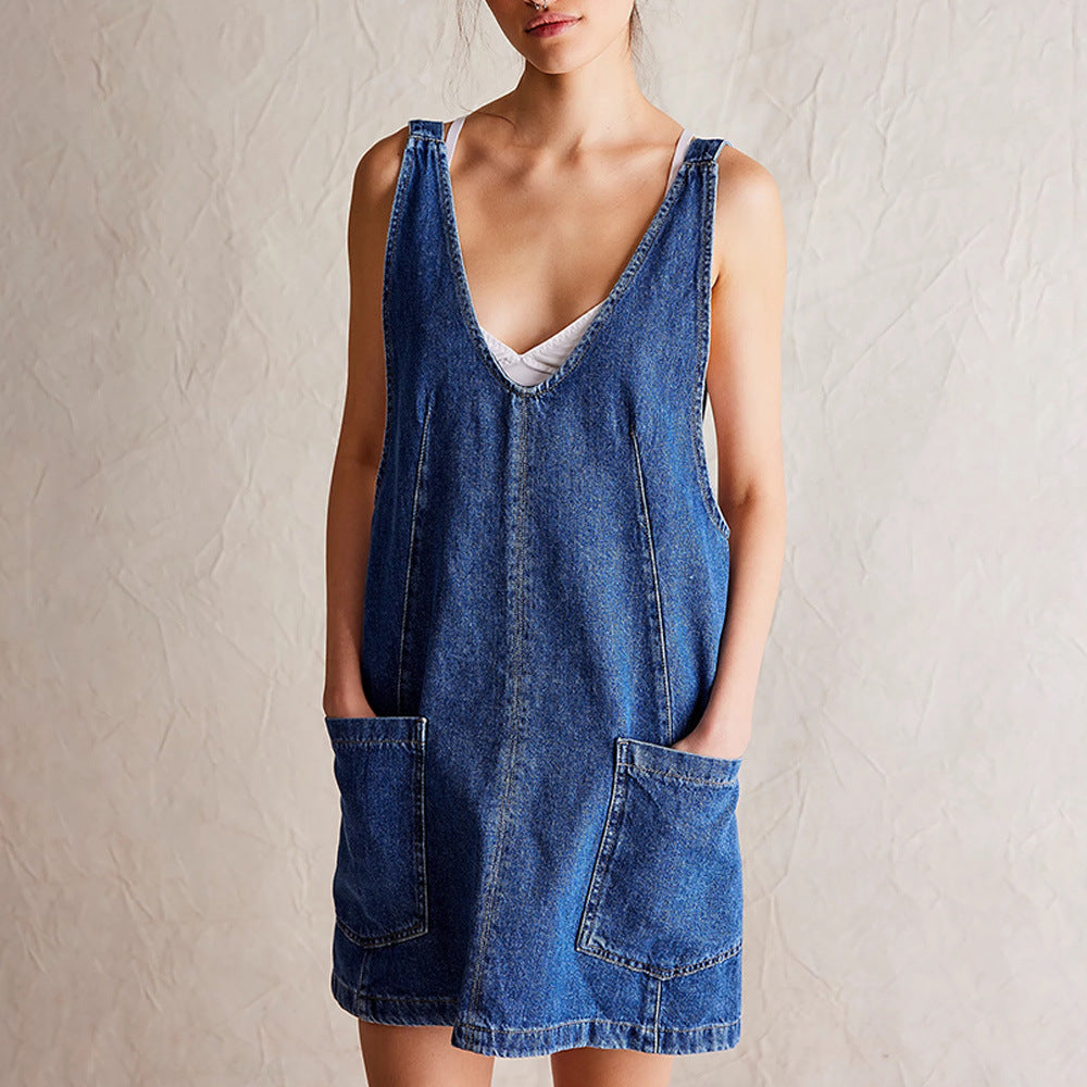 Women's Summer Denim Brace Pocket Adjustable Mini Dresses