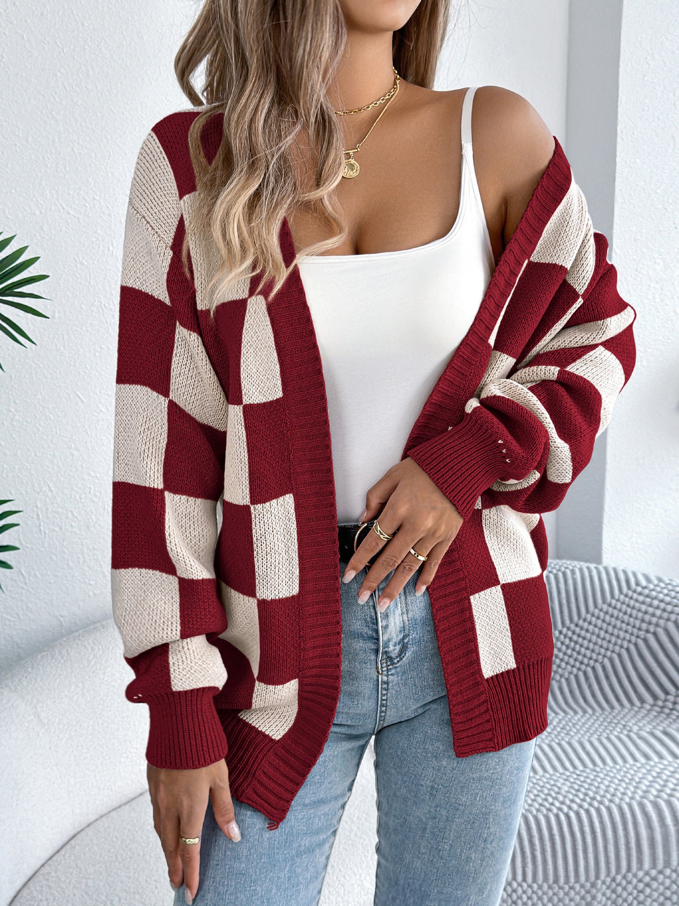 Versatile Women's Check Lantern Sleeve Mid-length Sweaters