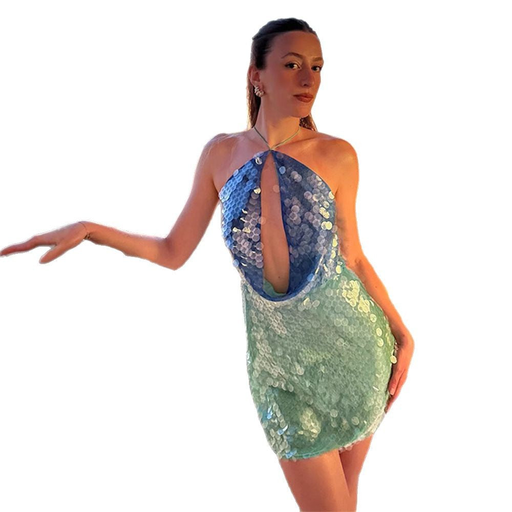 Women's Summer Sexy Cutout Backless Halter Sequin Dresses