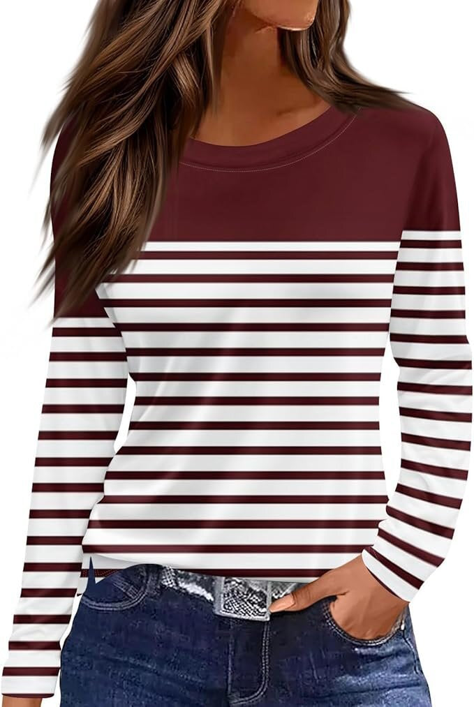 Women's Round Neck Printed Solid Color Long Blouses