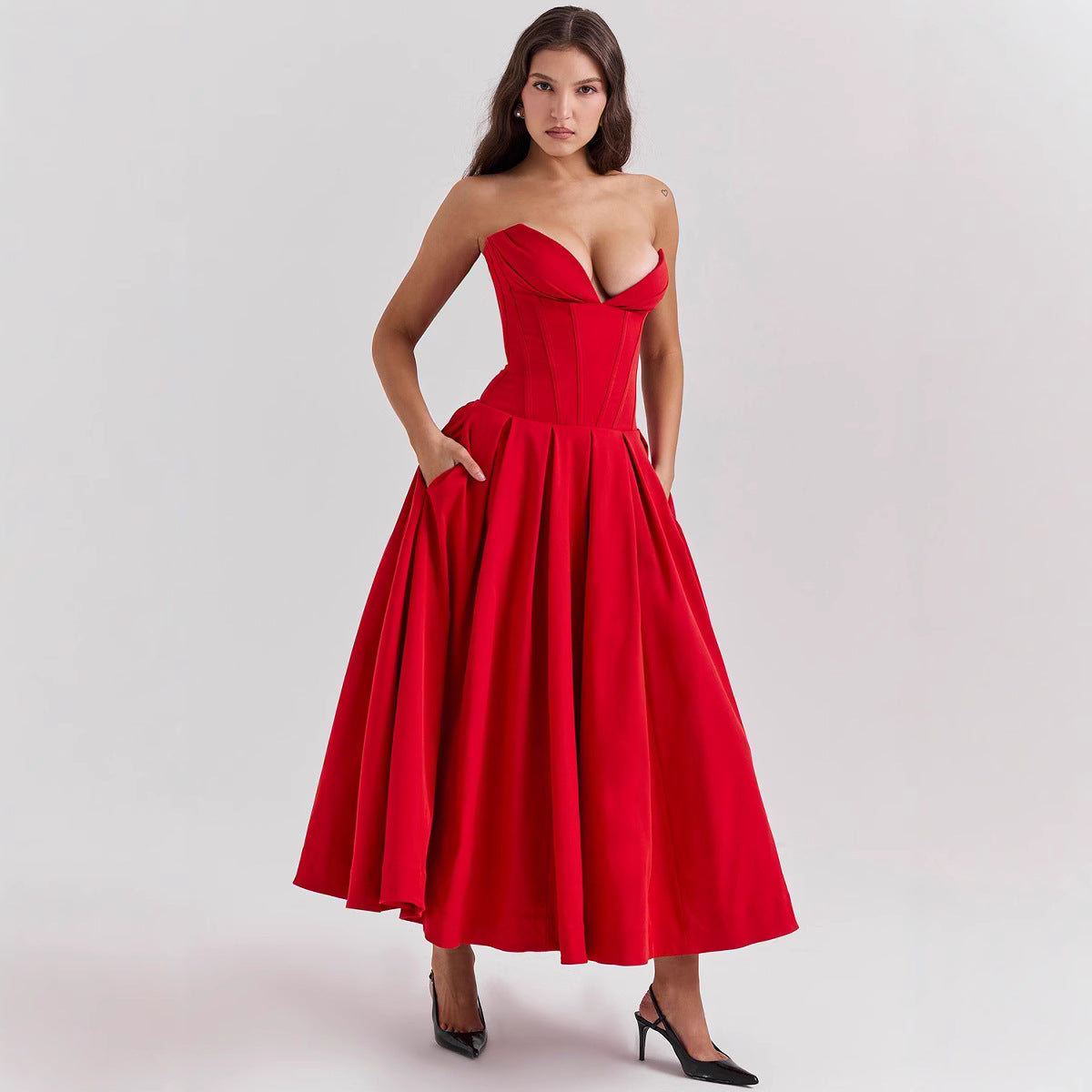 Solid Color Large Swing Sleeveless Fishbone Tube Dresses